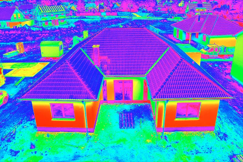 Un drone équipé d'une caméra thermique survole un bâtiment résidentiel pendant une inspection.